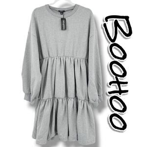 New Boohoo Plus Tiered Dress Grey Long Sleeve Sweatshirt Tiered Skirt Womens 16